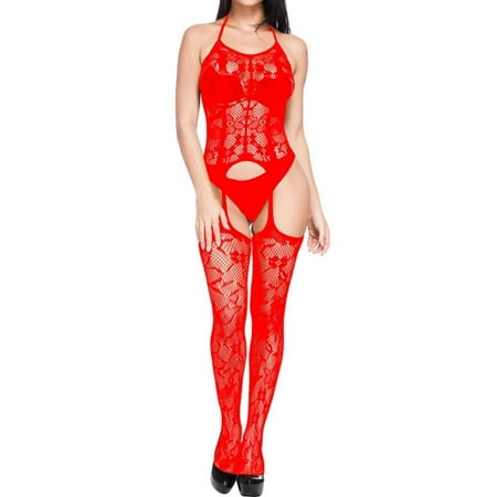 SLADYGLO Women Halter Lace Up Sleeveless Mesh Hollow Out Sexy Lingerie Set