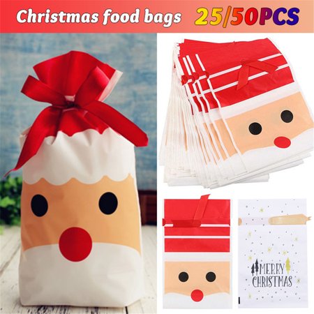 Christmas Eve Gift Bags 25/50pcs Christmas Party Bags Candy Cookies Drawstring Gift Bags 23*15cm, Plastic Treat Bags with Bow-Tie for Birthday Party Wedding Favor ()