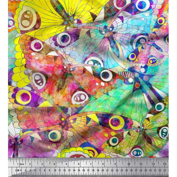 Soimoi Yellow Moss Georgette Fabric Colorful Butterfly Print Fabric by the Yard 42 Inch Wide
