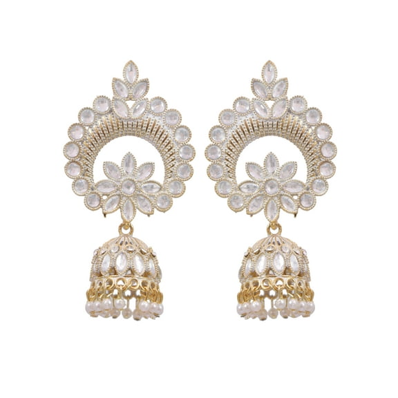 Crunchy Fashion Bollywood Jewellery Traditional Ethnic Bridal Bride Wedding Bridesmaid Gold-plated White Kundan Pearl Ethnic Jhumka Earings