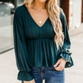 thumbnail image 2 of Top de manga larga con cuello en V y mangas acampanadas con dobladillo con volantes, blusa holgada y transpirable para mujer para otoño invierno verde L, 2 of 6