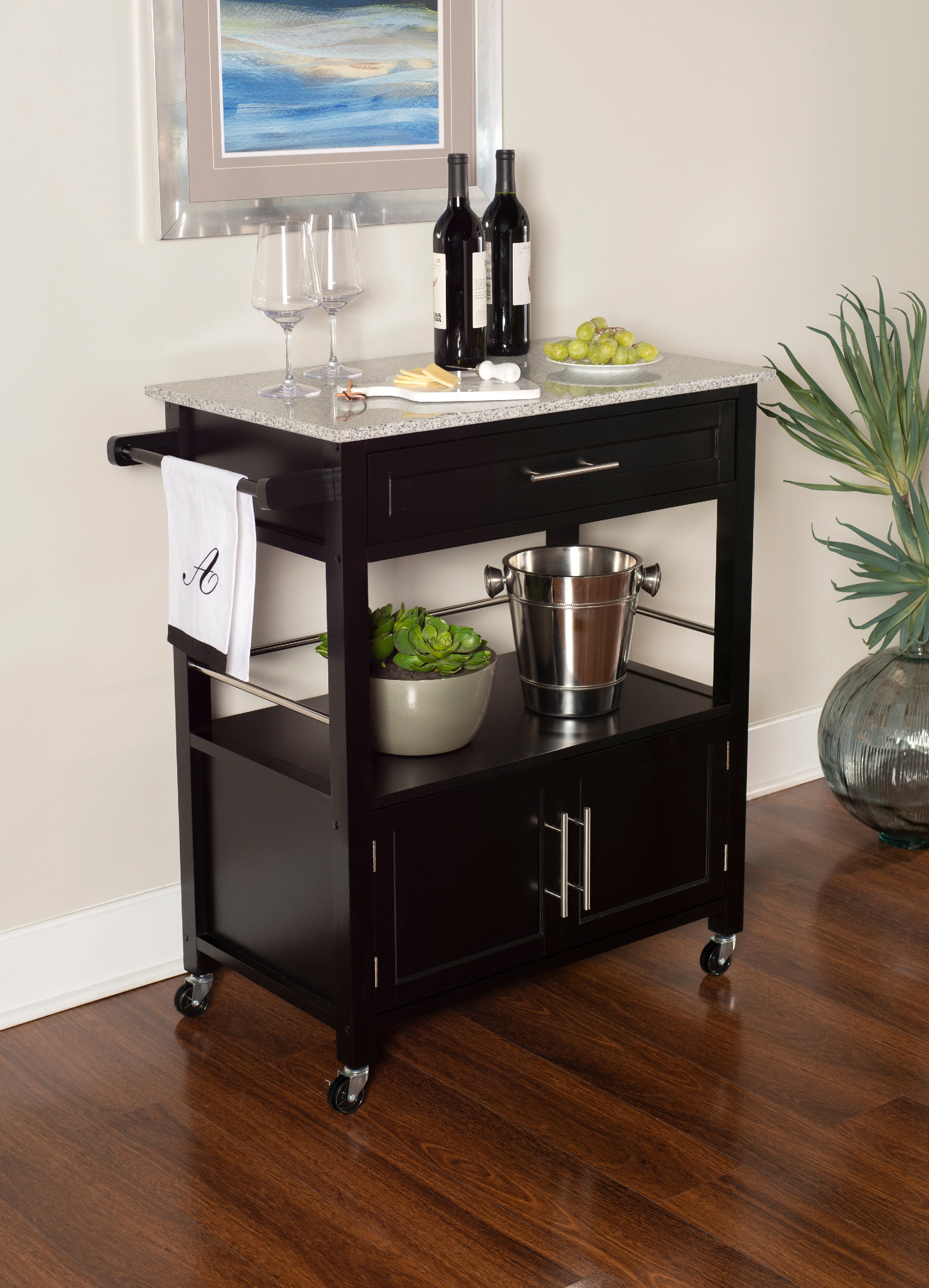 Linon Judith 2-Tier Mobile Serving Cart with Gray & White Speckled Granite Top, 33.5" Length, Black
