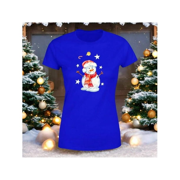 Playera Blusa Con Estampado De Muñeco De Nieve Navidad Color Azul Talla Grande Marca Emil SaEs