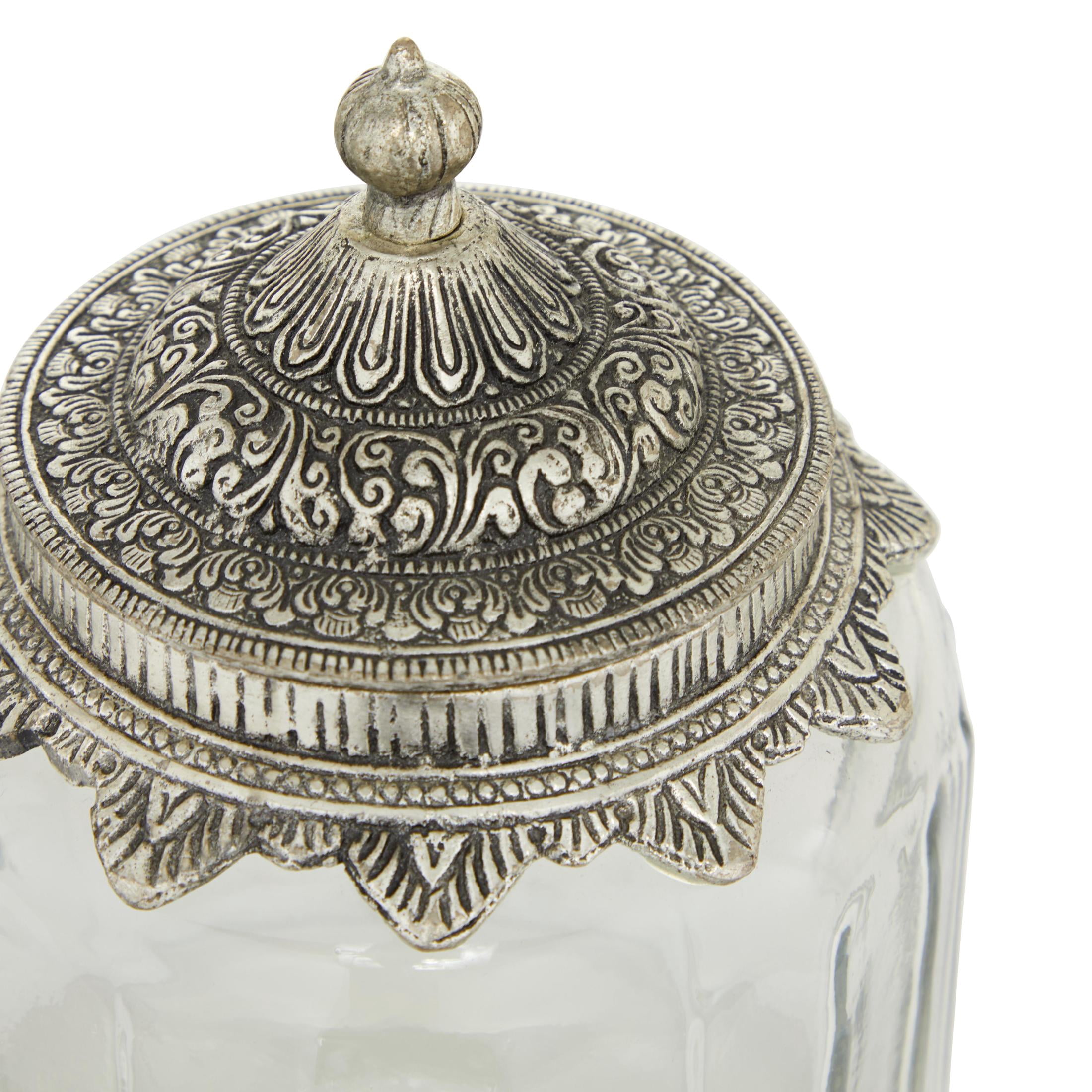 DecMode 6", 7", 9"H Clear Glass Decorative Jars with Engraved Silver Lids, 3-Pieces