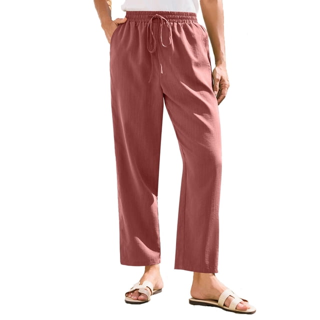 Pantalones informales de lino para mujer - Cintura alta elástica con bolsillos