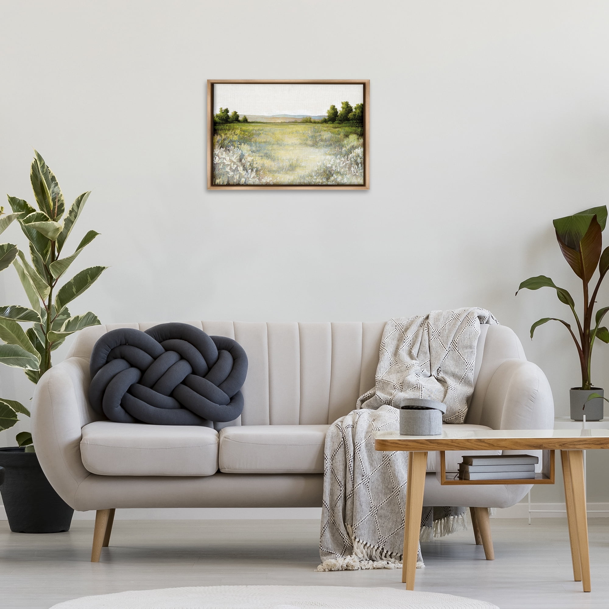 Stupell Industries White Flowers Meadow Landscape & Nature Painting Brown Floater Framed Canvas Art Print Wall Art, 25 x 17