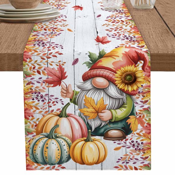 nqOlkjepod Red Orange Gnomes Fall Table Runner 60 Inches Long Farmhouse Dress Scarves, Pumpkins Thanksgiving Eucalyptus Leaves Wooden Dining Tablerunner for Coffee Table/Kitchen Island/Party, 13"x60"