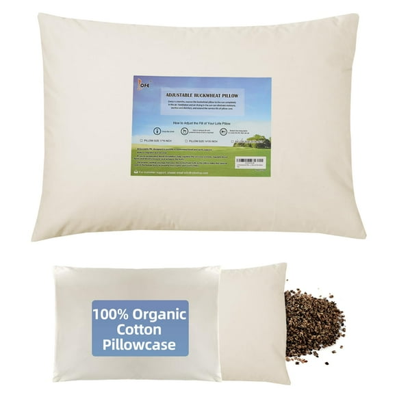 LOFE Organic Buckwheat Pillow for Sleeping with Organic Cotton Pillowcase - 16''x22'', Adjustable Loft, Breathable for Cool Sleep, Cervical Support for Ba