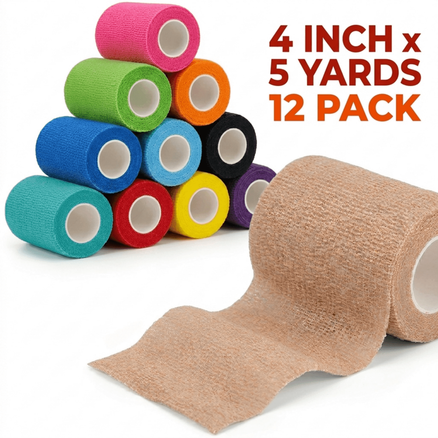 Self Adhesive Bandage Wrap, 12 Pack 4 inch x 5 Yards Waterproof Stretch Bandage Sports Tape, Breathable Athletic Elastic Bandage for Sports, Wrist, Ankle, Pets