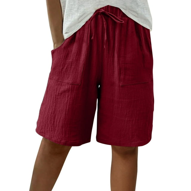Swstbby Liquidation d'Économies d'Été 2025! Shorts d'Été pour Femmes Grande Taille, Shorts de Couleur Unie pour Femmes Shorts Décontractés Capris Rouge m