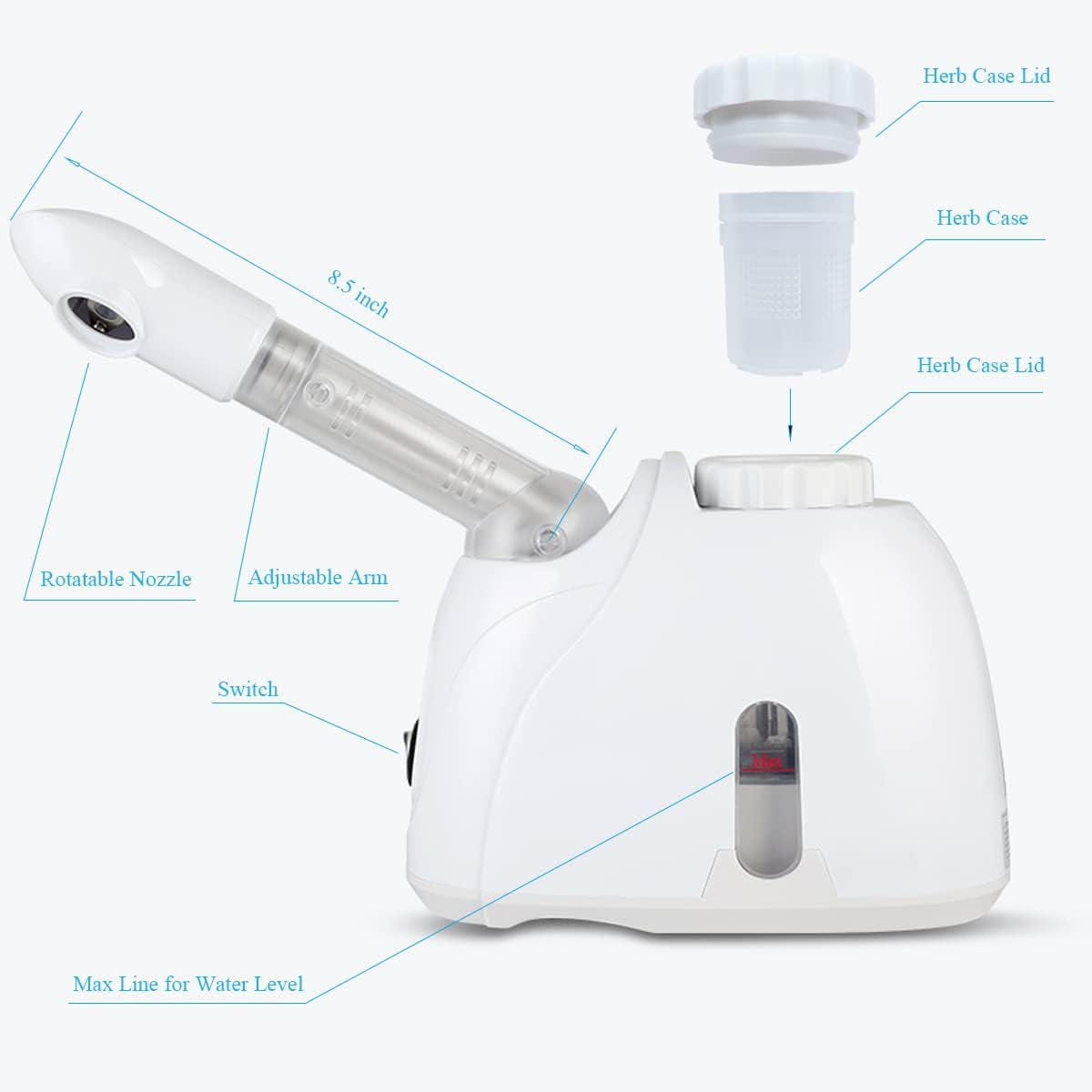 Quiet&Far Facial Steamer Warm Mist Humidifier with Extendable Arm & Adjustable Nozzle for Sinuses Moisturizing Unclogs Pores or deep Cleaning Skin Professional Facial Steamer at Home, White