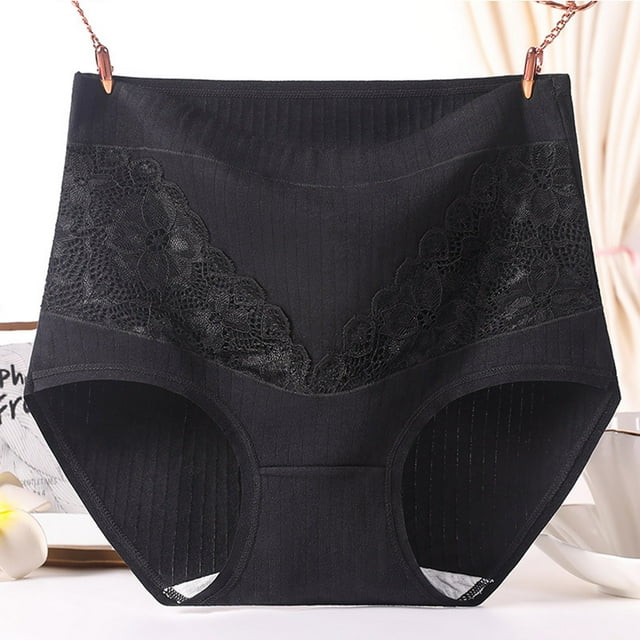 Meichang Womens Cotton Underwear Plus Size Soft Lace Patchwork Ribbed Panties High Waisted Comfort Leak Proof Briefs Panties