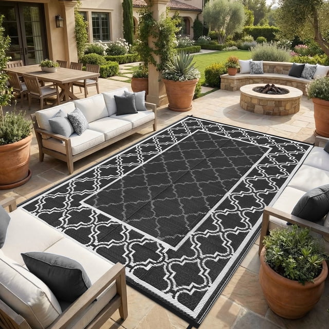 Outdoor Rug – Reversible Waterproof Plastic Straw Mat – Non-Slip Modern Plaid – UV-Resistant, Collapsible & Washable – RV, Camping, Deck, Balcony, Porch & Garden – 9x18ft, Black/White, USA Spec