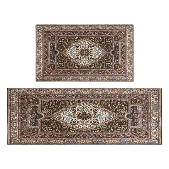 Farmhouse Boho Dark Brown Pattern Rugs and Mats Non Skid Washable Absorbent Microfiber Soft Kitchen Mat for Floor Set Of 2 Decor Stain Resistant 17"x47" 17"x30"