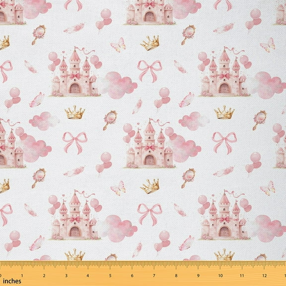 Manfei Girls Fairy Castle Fabric by the Yard (1 Yard), Princess Crown Decorative Fabric by the Yard, Cute Pink Bow DIY Fabric
