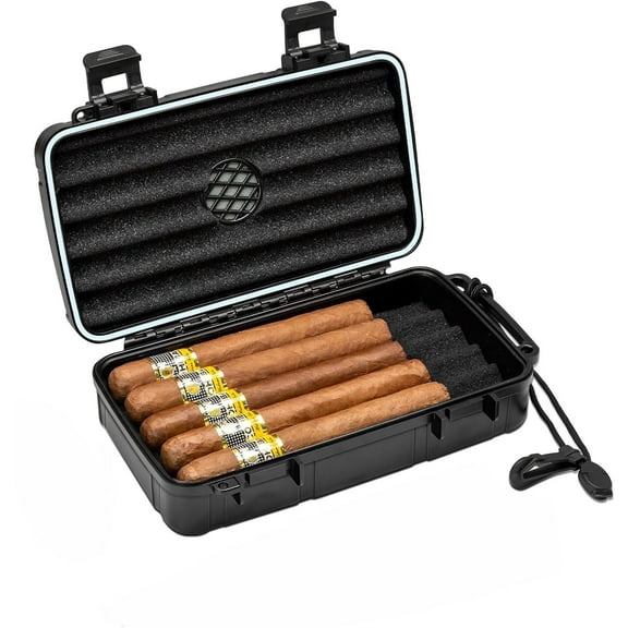 Travel Cigar Humidor Case - Portable Cigar Box with Humidifier Disc & Cigar Cutter | Waterproof | Crushproof | Airtight | Durable (Holds up to 5 Cigars)