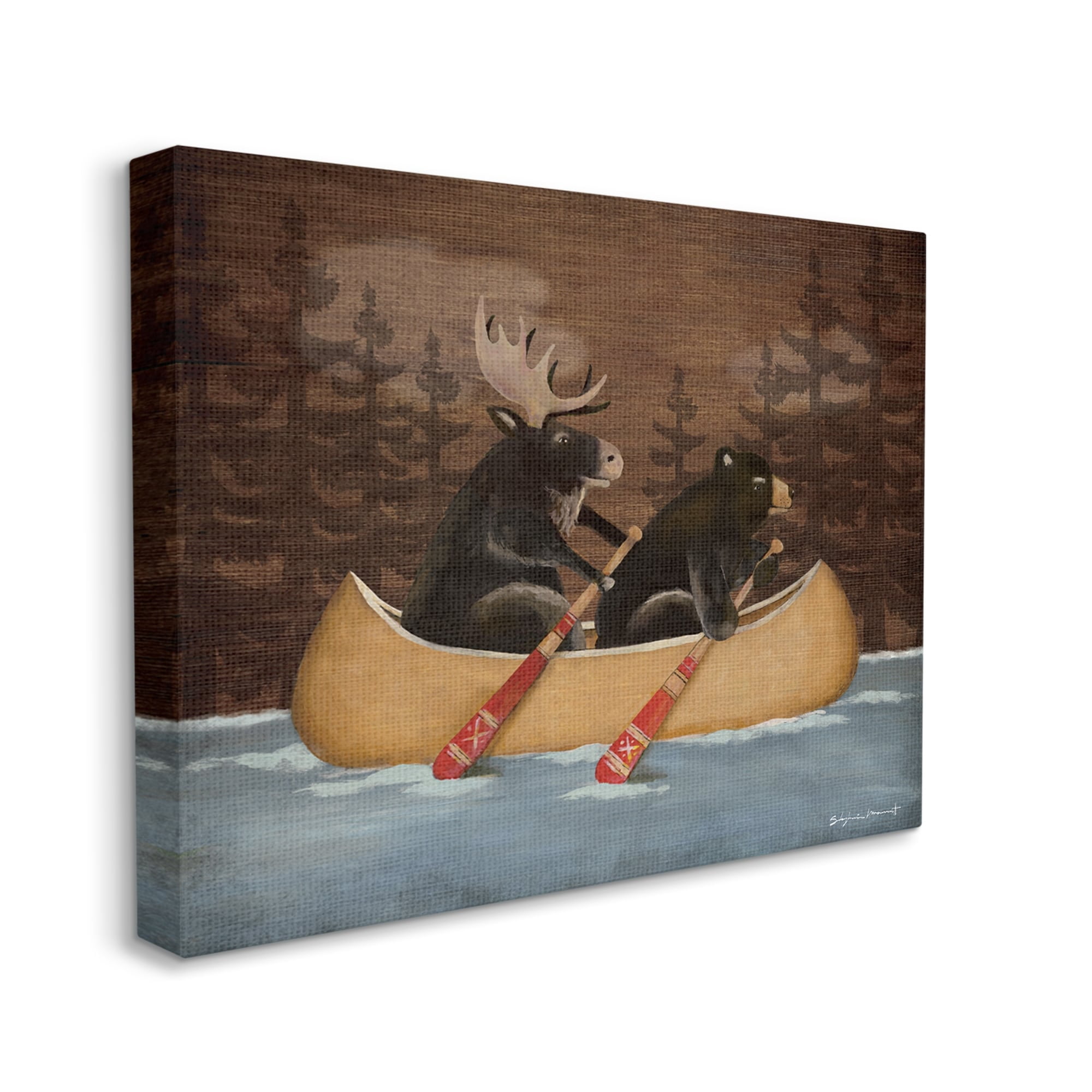 Stupell Canoeing Animals Rustic Woodland Transportation Painting Gallery Wrapped Canvas Print Wall Art