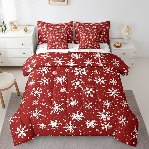 Manfei Red Cartoon Snowflake Twin Bedding Sets 7-Piece for Teen, Winter Snow Bedding Comforter Set, Western Christmas Festival Reversible Sheet Sets, Breathable Home Decor
