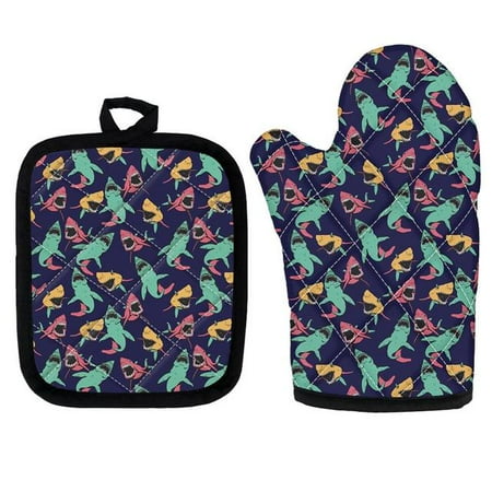 

Cute Potholders Oven Mitts Microwave Baking Gloves Shark Pattern Insulation Gloves and Mat Polyester Kitchen Gloves for Cooking