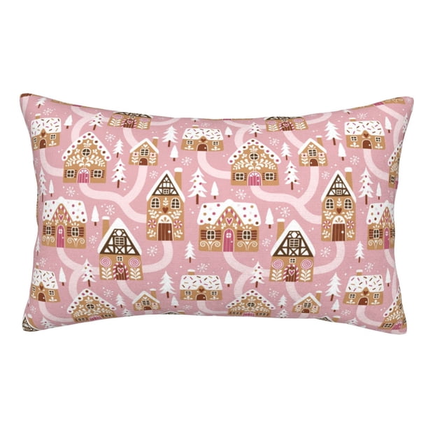 Fotbe Gingerbread Houses Pink Wonderland Funda de Almohada Decorativa Estilo Occidental, Lujo en Algodón, Fundas para Almohadas King, Cojín Estampado para Decoración del Hogar-16"x24"