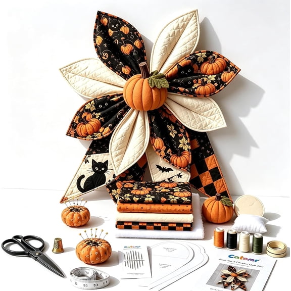 Large Patchwork Bow Sewing Kit,Farmhouse Fabric Folded Flower Door Hanging Craft Set,DIY Sewing Kit with Pre-Cut Fabric Strips,Creative Craft Supplies Gift for Adults,Front Door Wall Decor (A3)