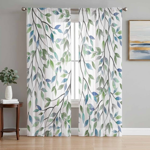 Blue Green Eucalyptus Sheer Curtains 63 Inch Length 2 Panels Set Window Treatments, Spring Botanical Leaves Weeping Rod Pocket Semi Curtains for Living Room/Bedroom/Kitchen Décor, 104"W x 63"L