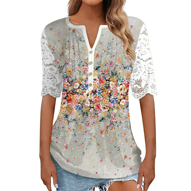 Sksloeg Womens Blouses and Tops Dressy Vintage Flower Print Lace Short  Sleeve Button Down Blouses Henly Loose Fit T-Shirts Blouses,Light Gray XL 