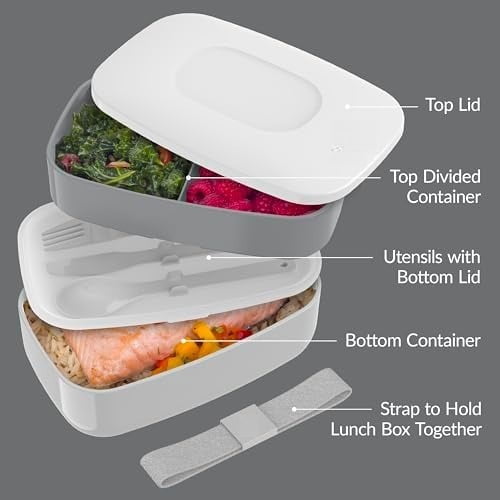 Classic - Adult Bento Box, Stackable 3-Compartment Lunch Box with Removable Utensil Set and Sealing Strap, BPA-Free, Food Container Ideal for Meal Prep, Work, and On the Go (Gray)