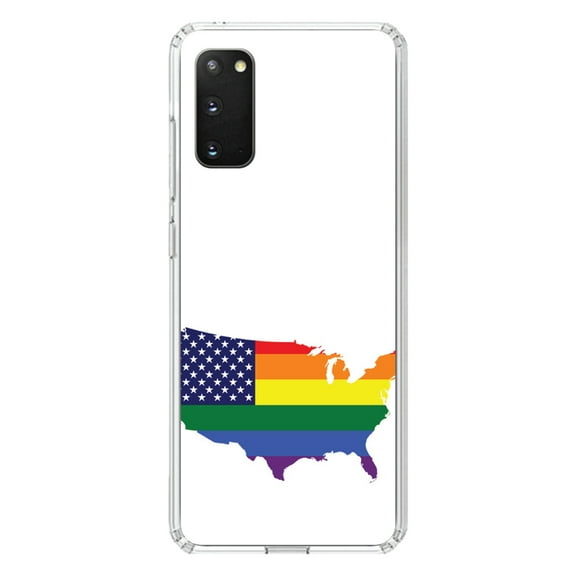 DistinctInk Clear Shockproof Hybrid Case for Galaxy S20 / S20 5G (6.2" Screen) - TPU Bumper, Acrylic Back, Tempered Glass Screen Protector - US Map Gay Pride Flag - LGBTQ Support