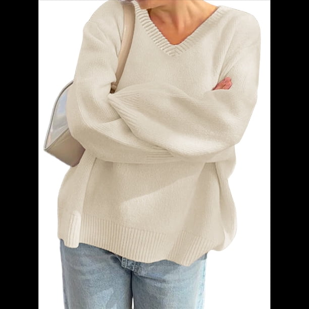Suéteres de Cuello en V para Mujer, Suéteres Negros, Tops de Punto Básicos de Otoño con Dobladillo Alto y Bajo, Suéter Informal. L