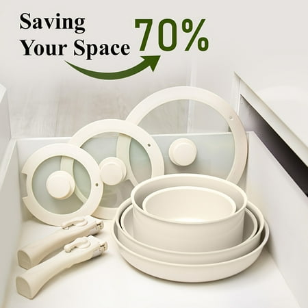 17Pcs Ceramic Nonstick Cookware Set with Detachable Handles70%Space-Saving Stackable Design, Dishwasher Safe, Ideal for Frying, Stir-Frying, Stewing & Boiling