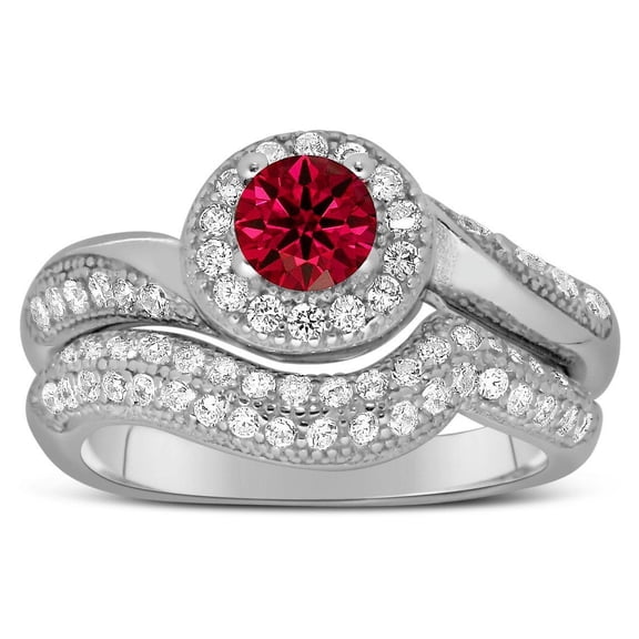 Antique Designer 2.5 Carat Round Cut Red Ruby Moissanite Diamond Bridal Ring Set for Her in 10k White Gold