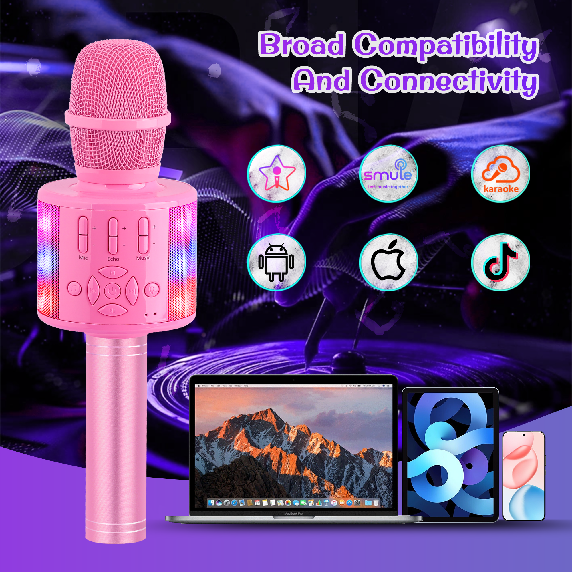 Bonaok Bluetooth Wireless Karaoke Microphone, Portable Handheld Karaoke Machine with LED Lights, Bluetooth Microphone Speaker Singing Gift for Kids Adults(Pink)