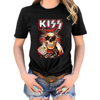 Fancyleo Summer Female Personality Punk Kiss Band Heavy Metal Printed Round Neck Short-sleeved (Best Heavy Metal Band Names)