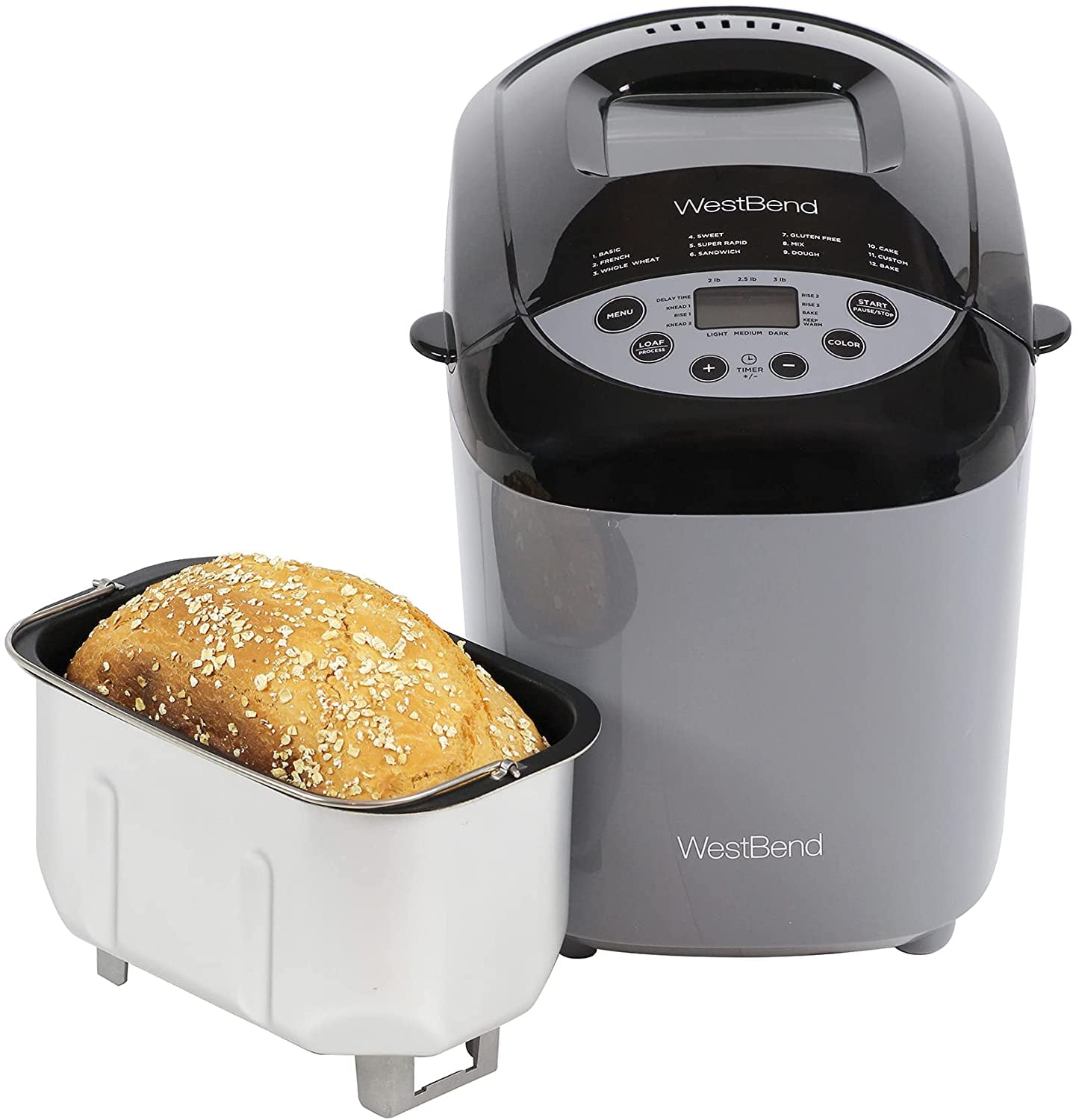 3-Pound Gray West Bend Hi-Rise Bread Maker Programmable Horizontal Dual Blade with 12 Programs Including Gluten Free 