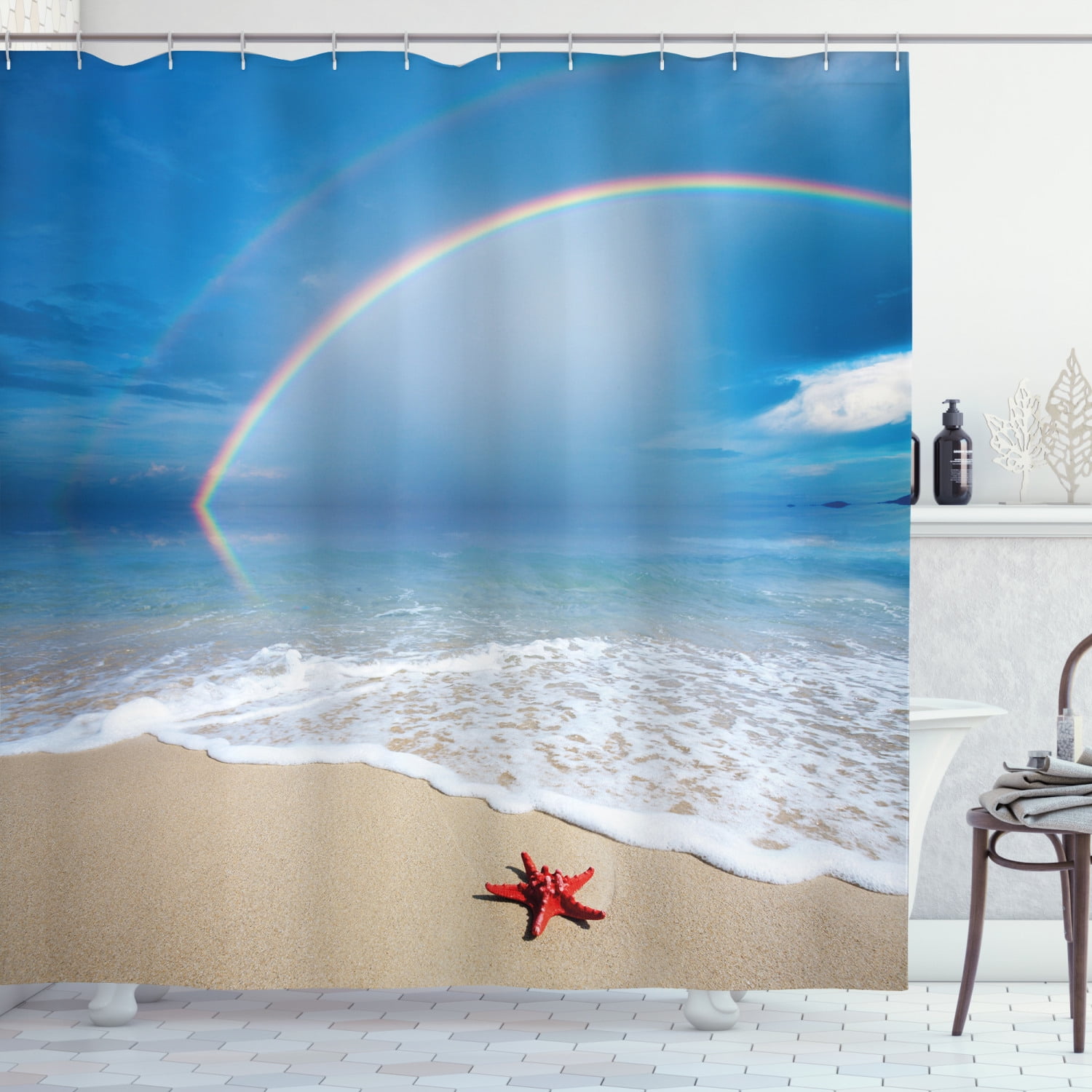 Starfish Shower Curtain, Rainbow over the Sea Clouds and Clear Sky Foamy Ocean Waves on the