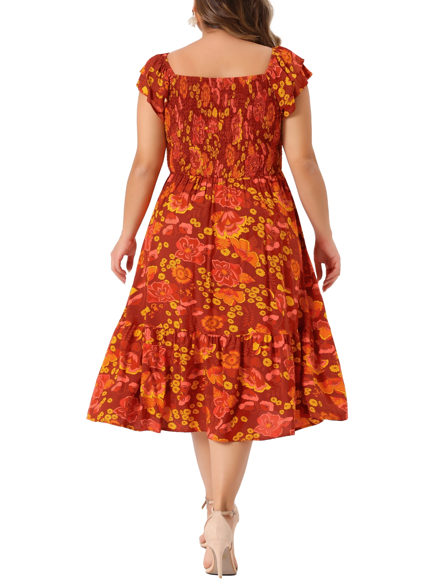 DARING DIVA Plus Size Square Neck and Flutter Sleeves Dress 4X Brick Red