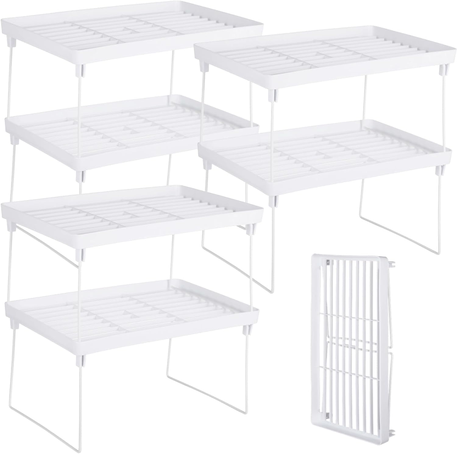6 PCS Cabinet Storage Shelf Rack, Foldable Cabinet Organizer Shelf, White Stackable Plastic Kitchen Storage shelves Foldable Rack for Kitchen, Fridge, Bathroom