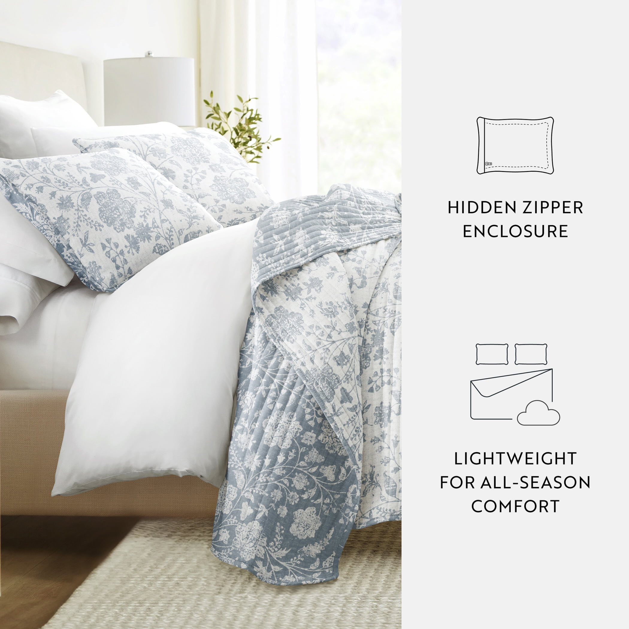 Noble Linens 3-Piece Light Blue Textured Floral Reversible Quilt Set, Twin