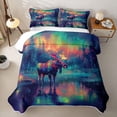 thumbnail image 2 of Castle Fairy Neon Aurora Moose Quilt King for Teens,Glow Pine Lake Star King Coverlet Set,Teal Orange Purple, 2 of 7