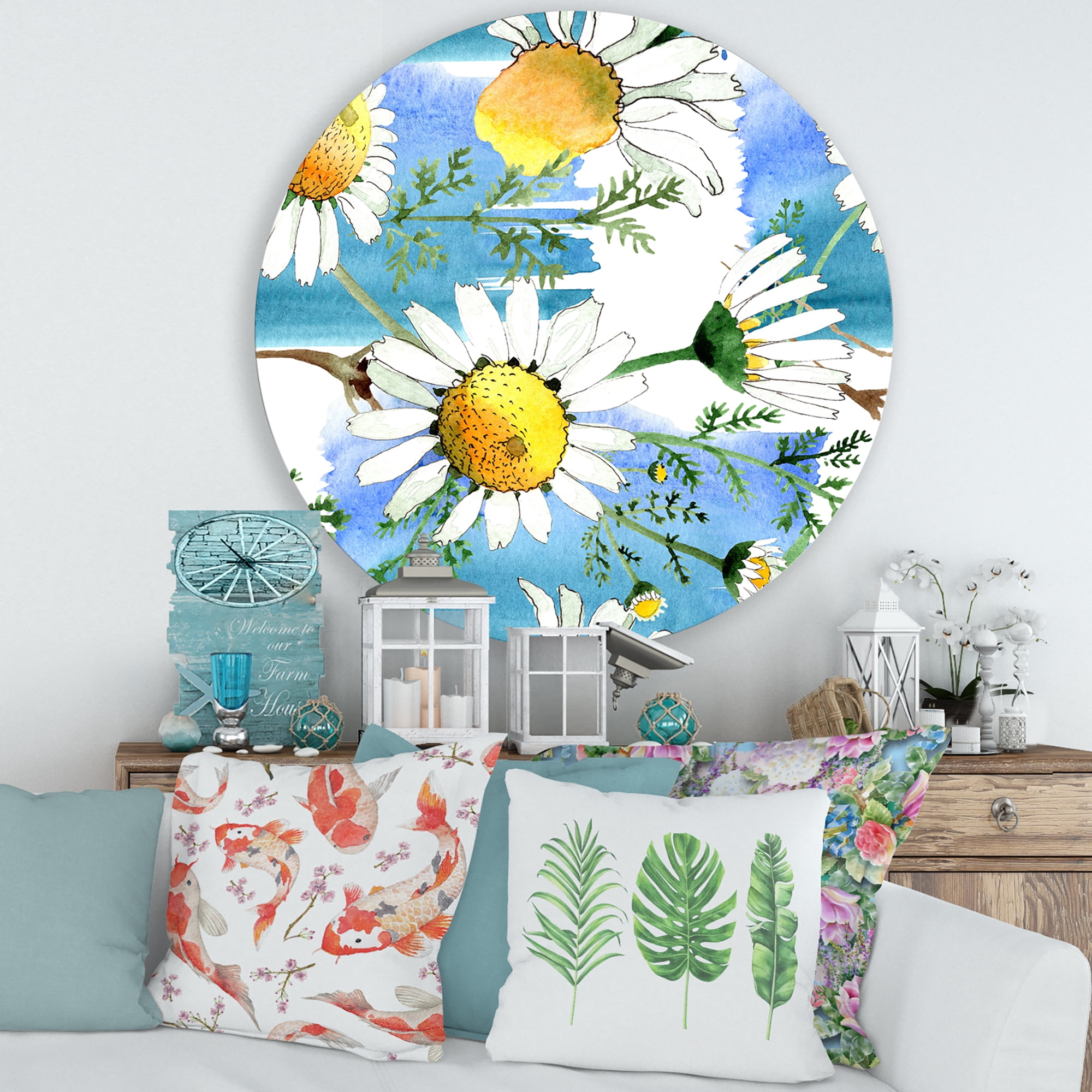 Designart 'Wild Spring White Chamomile Flowers' Traditional Circle Metal Wall Art 29x29 - Disc of 29