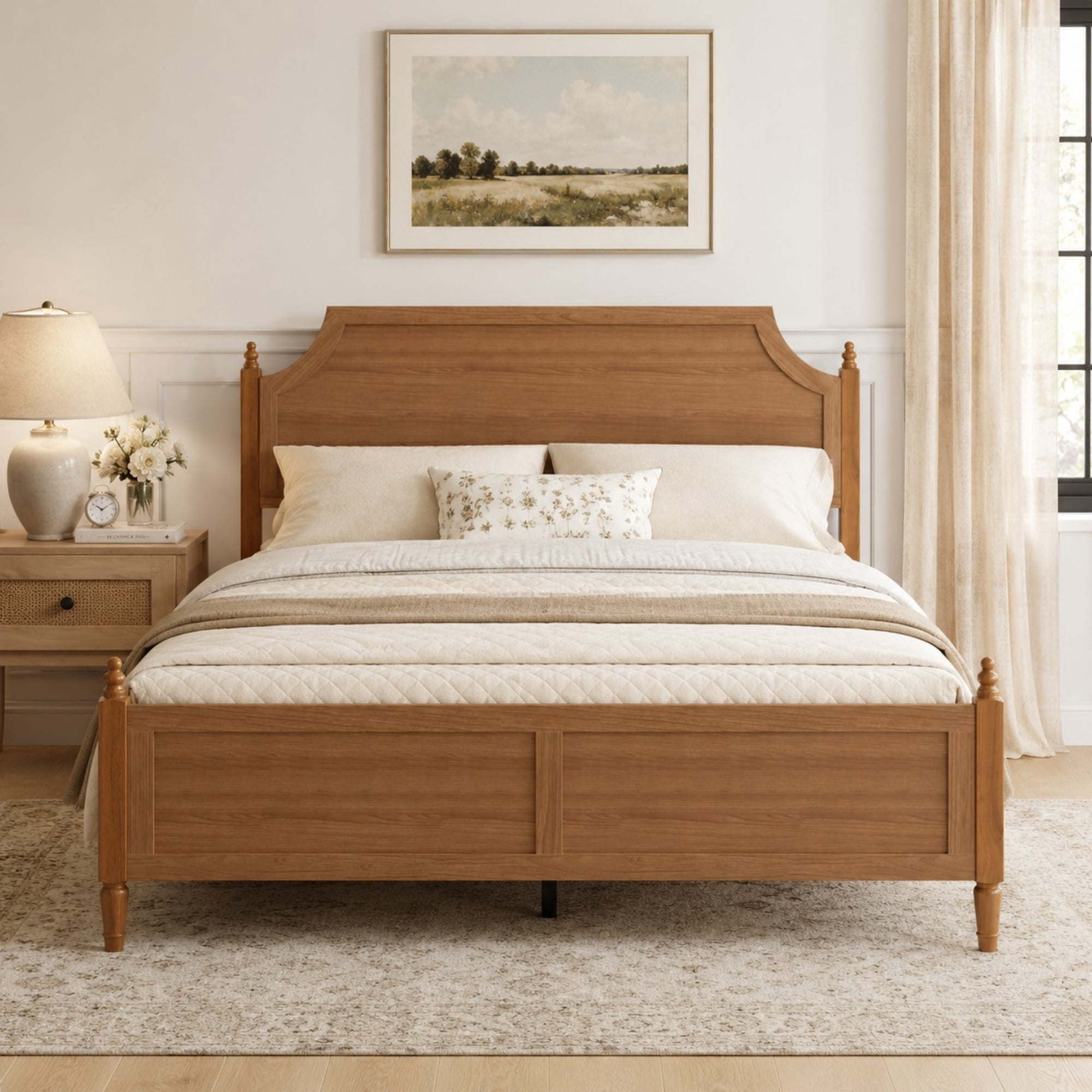 DEALTOPS Full Size Platform Bed Frame with Headboard & Footboard, Wood Farmhouse Bed, No Box Spring, Brown