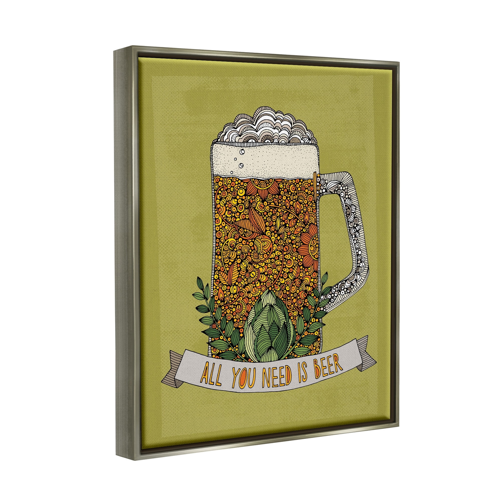 Stupell Industries All You Need Is Beer Floral Pattern Stein Mug Graphic Art Luster Gray Floating Framed Canvas Print Wall Art, Design by Valentina Harper