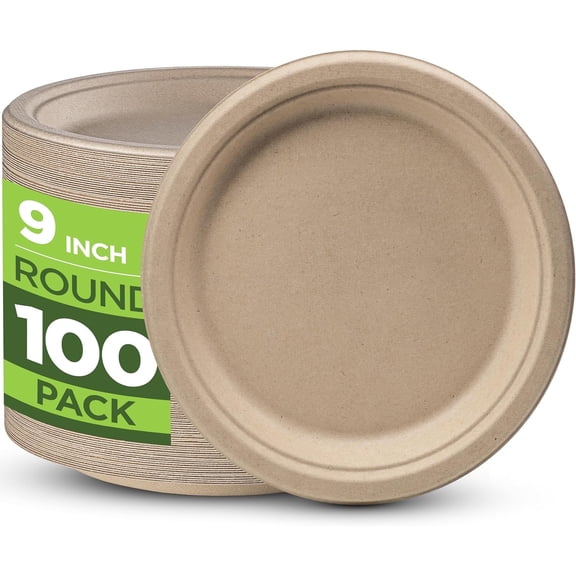 100% Compostable Paper Plates Heavy Duty - 100 Pack Biodegradable Disposable Plates – 9” Brown Disposable Dinner Plates Made of Eco-Friendly, Natural Unbleached Sugarcane Bagasse, Microwavable Plates