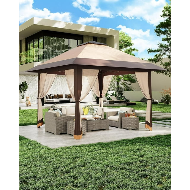 QinaQin Gazebo plegable de 13 x 13 pies con mosquitero y doble techo, altura ajustable, cubierta impermeable y con protección UV, ideal para patio, jardín, terraza o césped