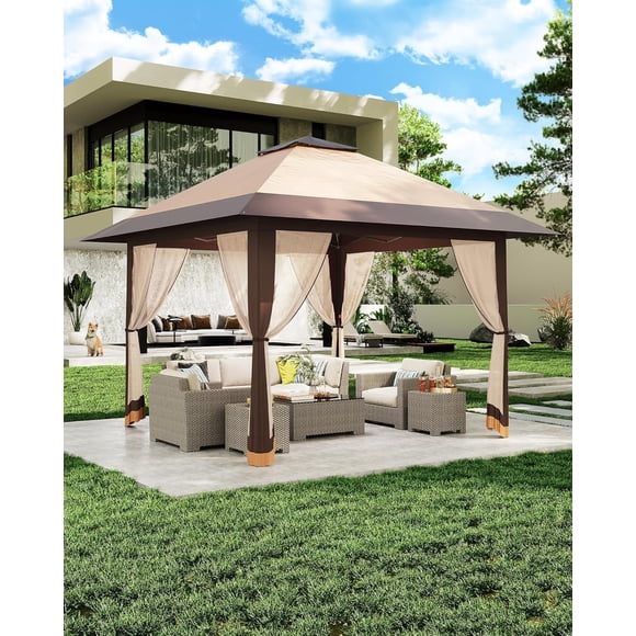QinaQin Gazebo plegable de 13 x 13 pies con mosquitero y doble techo, altura ajustable, cubierta impermeable y con protección UV, ideal para patio, jardín, terraza o césped