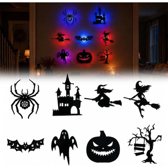 8 Pack Halloween LED Silhouette Wall Light Stickers Decor Set,Spooky Decorations with Colorful Backlit Glow Spider Witch Bat Ghost Pumpkin Designs for Indoor Party Home