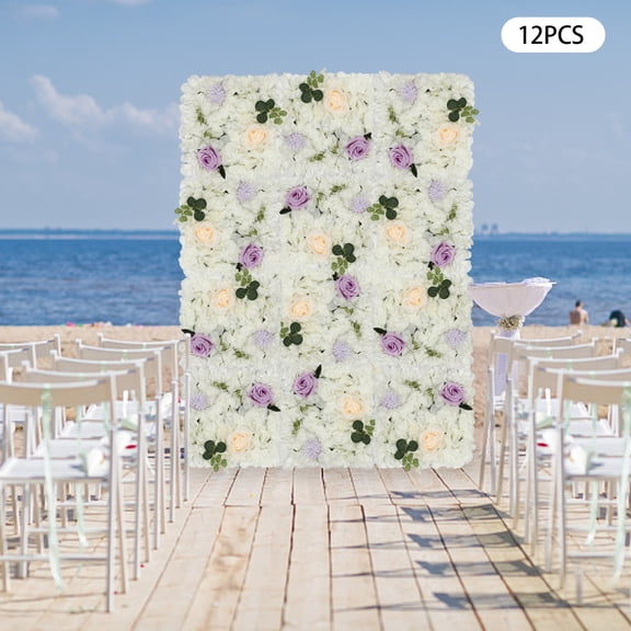 3D Artificial Flower Wall Panel, 12-Piece 15x15in White Dahlia and Purple Rose, DIY Interlocking Design for Wedding Backdrop and Home Decor