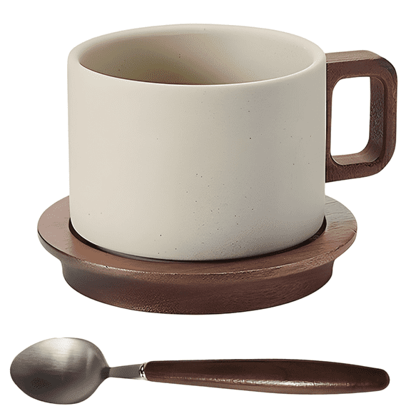 8.5 oz Ceramic Coffee Cup with Spoon – 250ml Vintage Stoneware Espresso Cup with Acacia Wood Saucer, Mug with Anti-Scald Handle for Latte, Cappuccino, Home & Office