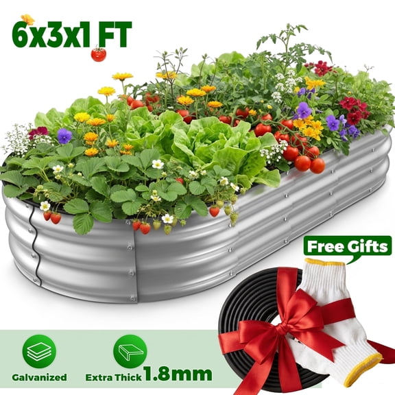 Raised Garden Bed, Younik 6x3x1ft Oval Galvanized Raised Garden Beds with Safety Edging and Gloves for Outdoor Plant Vegetables, Flower, Silver